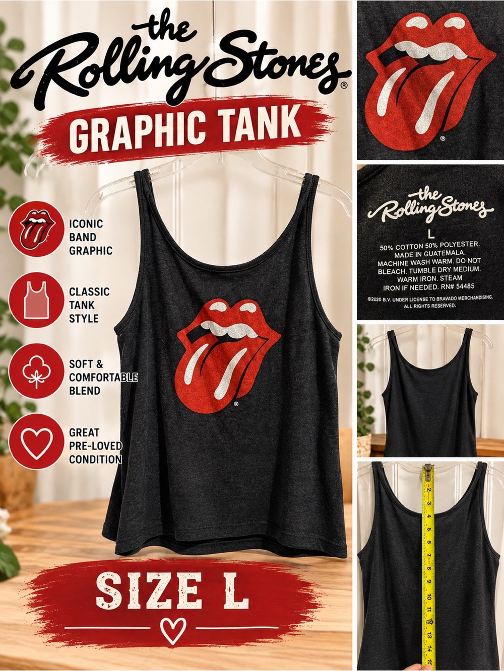 The Rolling Stones Tongue Logo Graphic Tank Top Black Size L